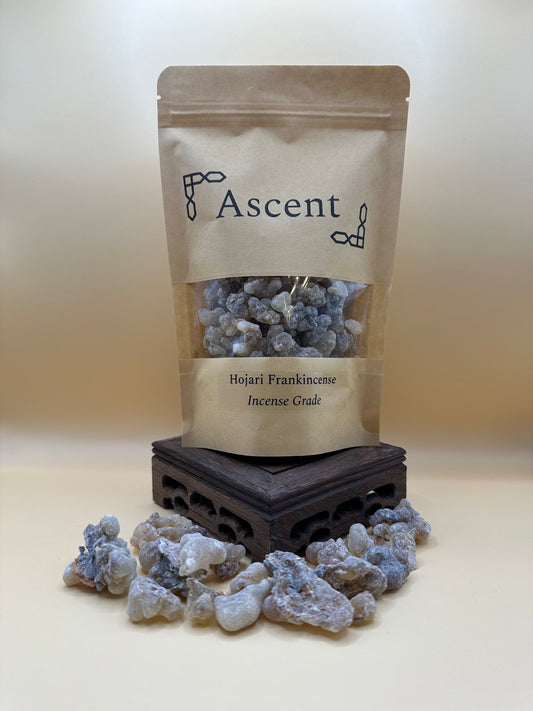 Hojari frankincense incense grade resin in a retail pouch on a box from The Ascent Store