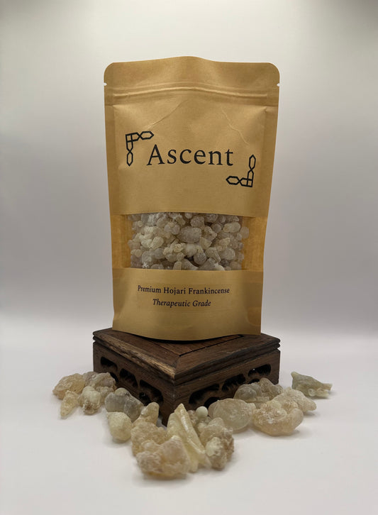 Retail pouch of premium therapeutic grade Omani Hojari frankincense on a box from The Ascent Store